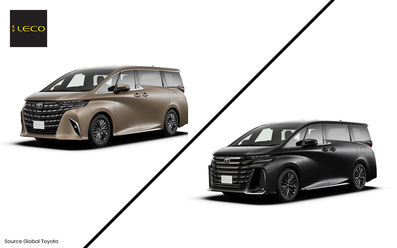 Toyota Alphard and Vellfire compared side by side diagonally.