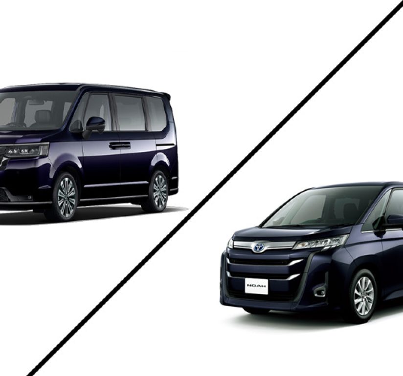 Honda Stepwgn and Toyota Noah compared in split design photo.